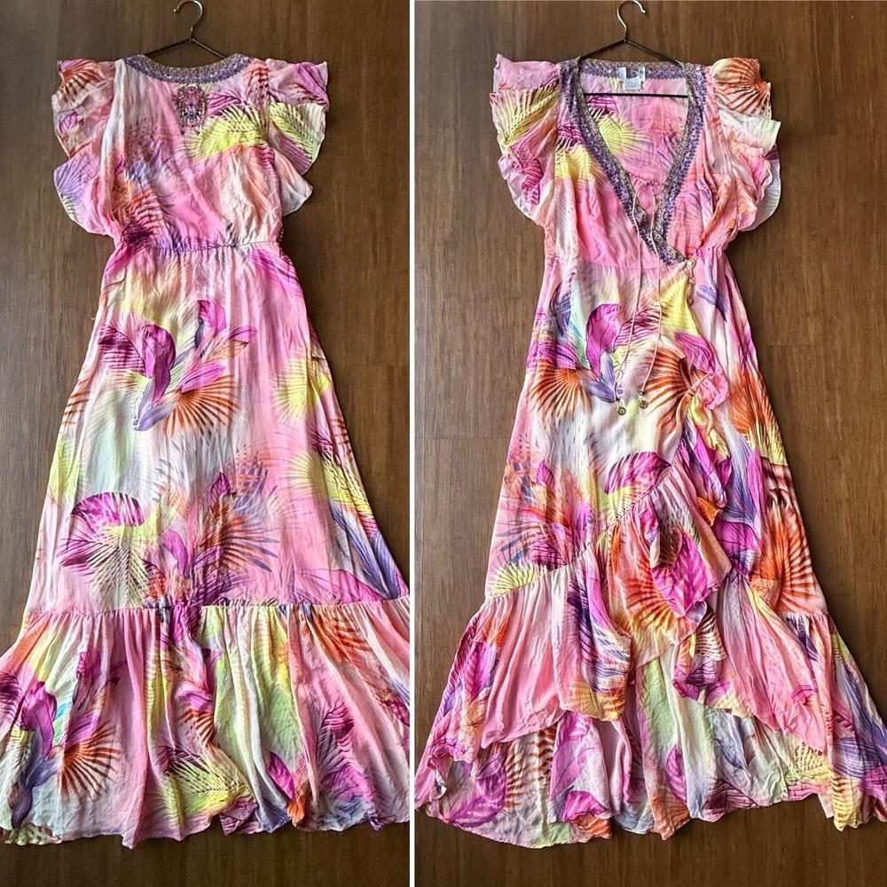 Camilla Dress South Beach Sunrise Ruffle Wrap Dress Silk Women Small Pink Resort